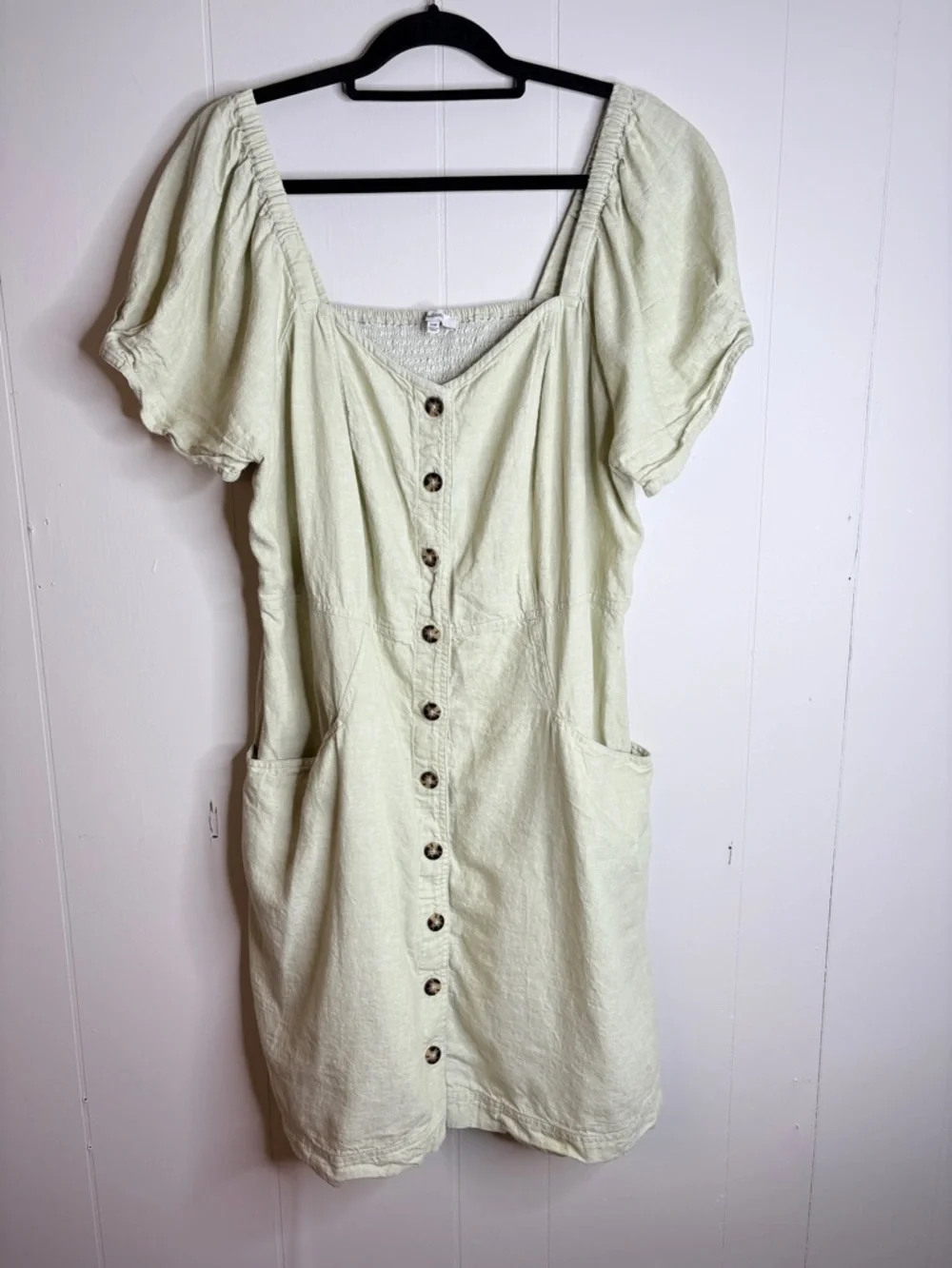 Madewell Plus Linen-Cotton Puff-Sleeve Dress size 16W mini button down ruched